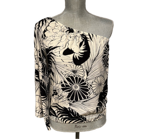 Vintage Kenneth Cole One-Shoulder Silk floral top with Bell Sleeve, Sz 4